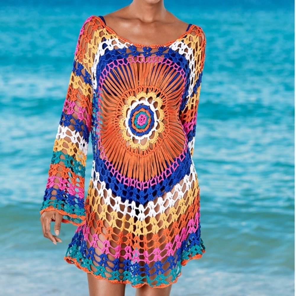 CLEARANCE Bright Boho Multi Color Crochet Coverup Tunic - Picture 3 of 5